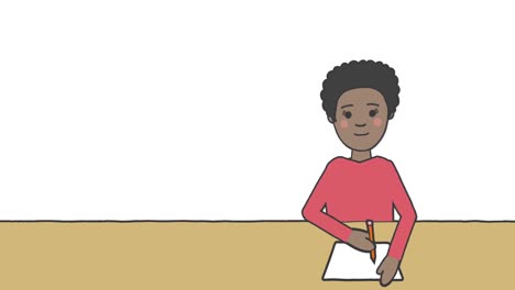 Animation-Der-Illustration-Eines-Schulmädchens,-Das-Am-Schreibtisch-Sitzt-Und-Auf-Weißem-Hintergrund-Schreibt