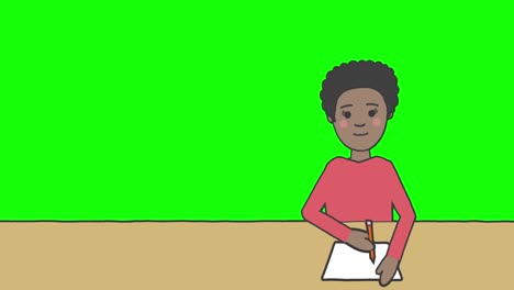 Animación-De-La-Ilustración-De-Una-Colegiala-Sentada-En-El-Escritorio-Y-Escribiendo-Sobre-Fondo-De-Pantalla-Verde