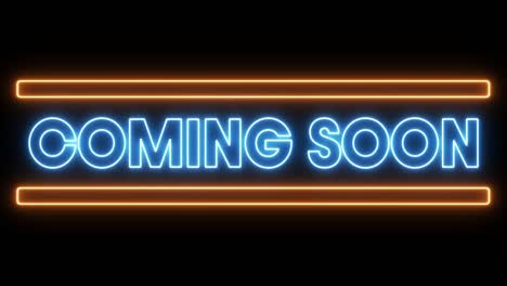 Animation-of-glowing-neon-blue-coming-soon-text-with-bars-flickering-on-seamless-loop-on-black-backg