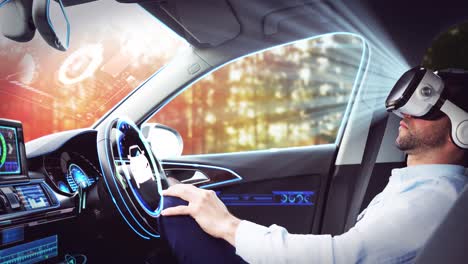 Animation-of-digital-interface-over-businessman-wearing-vr-headset-in-self-driving-car
