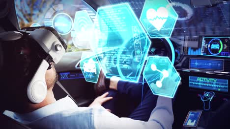 Animation-of-digital-icons-over-businessman-wearing-vr-headset-in-self-driving-car
