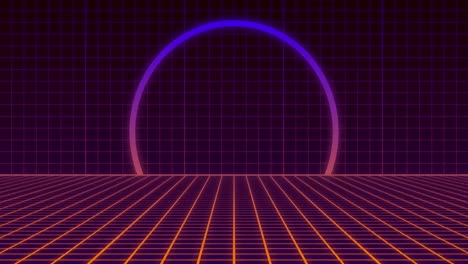 Animation-of-pink-to-purple-neon-circle-over-moving-pink-grid
