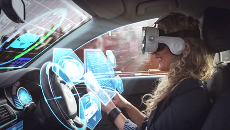 Animation-of-digital-interface-over-woman-wearing-vr-headset-in-self-driving-car