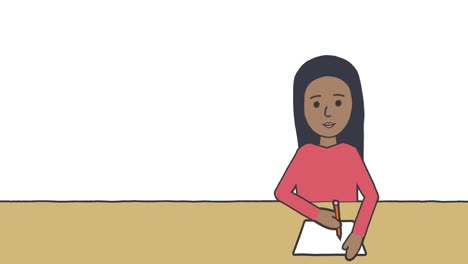 Animation-Der-Illustration-Eines-Schulmädchens,-Das-Am-Schreibtisch-Sitzt-Und-Auf-Weißem-Hintergrund-Schreibt