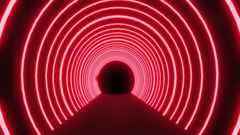 Moving-through-a-tunnel-of-concetric-red-neon-arcs-pulsating-on-a-black-background