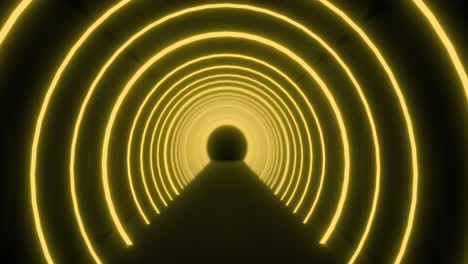 Bewegung-Durch-Einen-Tunnel-Aus-Konzentrischen-Gelben-Neonbögen,-Die-Auf-Schwarzem-Hintergrund-Pulsieren