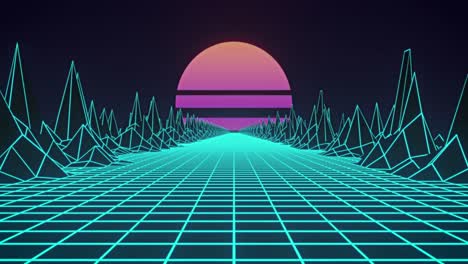 Animation-of-pink-sun-and-glowing-green-grid-and-map-with-mountains-moving-on-seamless-loop