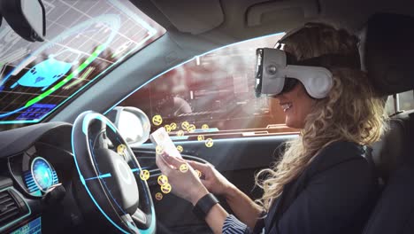 Animation-of-emoji-icons-over-woman-wearing-vr-headset-in-self-driving-car