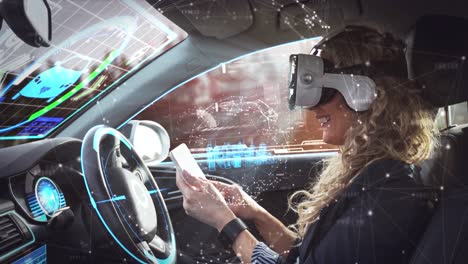 Animation-of-3d-cityscape-over-woman-wearing-vr-headset-in-self-driving-car