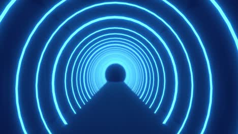 Bewegung-Durch-Einen-Tunnel-Aus-Konzentrischen-Blauen-Neonbögen,-Die-Auf-Schwarzem-Hintergrund-Pulsieren