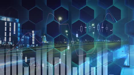 Animation-of-financial-data-processing-over-hexagons-and-cityscape-at-night