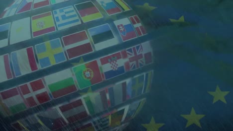 Tormenta-Sobre-El-Mundo-De-Múltiples-Banderas-De-Países-Europeos-Contra-Ondeando-La-Bandera-De-La-UE