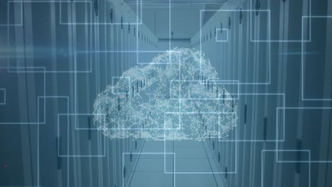 Animation-of-digital-cloud-with-squares-over-tech-room-with-computer-servers