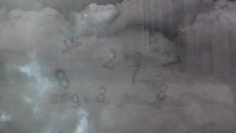 Animation-Von-Zahlen,-Die-Sich-über-Grauen,-Stürmischen-Wolken-Und-Blitzen-ändern