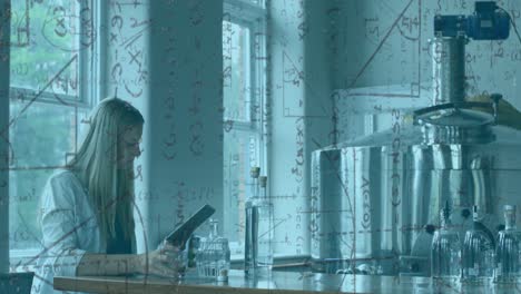 Animation-of-scientific-formulae-over-female-scientist-using-tablet-and-smelling-liquids-in-laborato