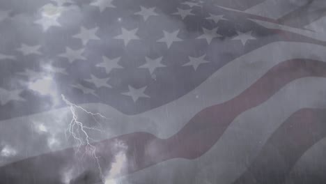 Digital-animation-of-thunder-storm-and-rain-in-night-sky-against-waving-american-flag