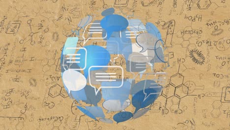 Animation-of-globe-with-network-of-speech-bubbles-over-chemistry-drawings