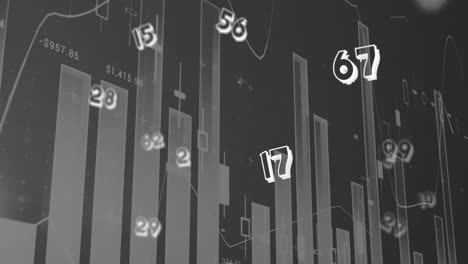 Digital-animation-of-multiple-numbers-floating-against-financial-data-processing-on-grey-background