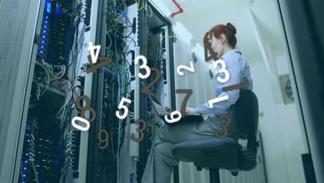 Animation-of-numbers-changing-and-processing-over-woman-using-laptop-checking-computer-server