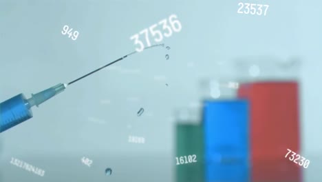 Animation-of-numbers-changing-over-syringe-needle-with-liquid-spilling-and-beakers
