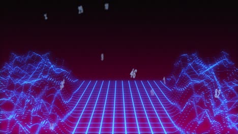 Animation-of-numbers-changing-over-glowing-grid-of-video-game