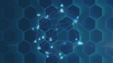 Animation-of-globe-of-network-of-connections-with-icons-over-blue-hexagons