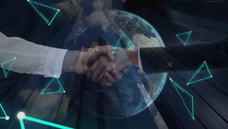 Digital-composition-of-neon-triangle-shapes-over-business-people-shaking-hands-over-globe-against-ta