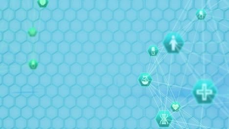 Animation-of-network-of-connections-with-medical-icons-and-blue-hexagons
