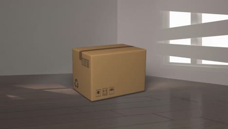Animation-of-cardboard-box-falling-on-wooden-floor