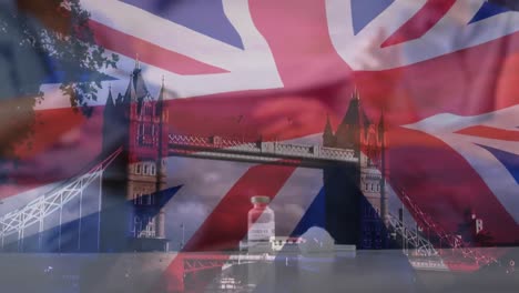 Animation-of-flag-of-uk-and-london-scenics-with-vaccine-vial-and-syringe