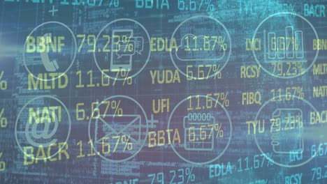 Digital-animation-of-stock-market-data-processing-against-digital-icons-on-blue-background