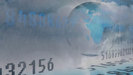 Digital-composition-of-multiple-changing-numbers-over-spinning-globe-against-thunder-storm-and-rain-