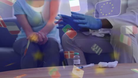 Animación-De-La-Bandera-De-La-Unión-Europea-Con-Un-Médico-Preparando-Al-Paciente-Para-La-Vacunación