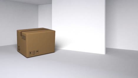 Animation-of-cardboard-box-falling-on-white-floor-with-white-wall-in-background