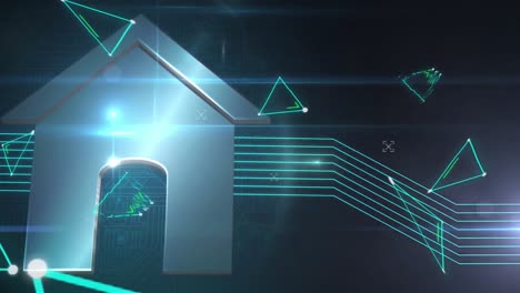 Animation-of-green-triangles-floating-with-a-house-icons
