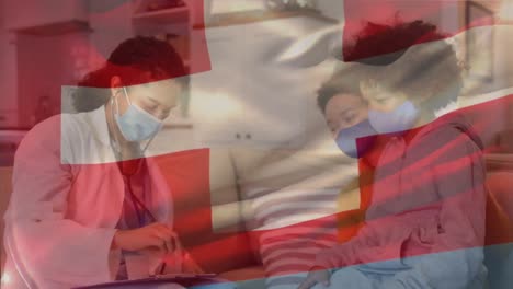 Animation-of-flag-of-switzerland-with-doctor-visiting-mother-and-child-at-home-in-masks