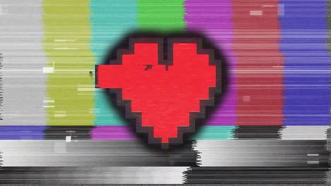 Animation-of-digital-red-heart-icon-over-retro-colour-test-screen-with-glitch