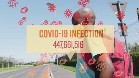 Animation-of-words-covid-19-infection-rising-and-cells-with-masked-boy-walking-to-school