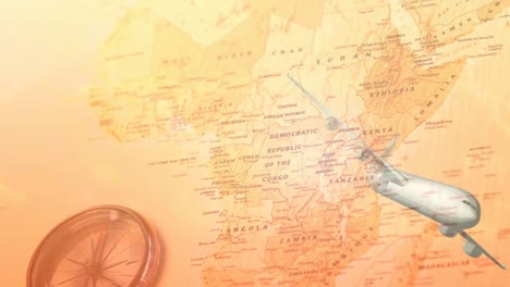 Animation-Eines-Flugzeugs,-Das-über-Kompass-Und-Karte-Von-Afrika-Fliegt