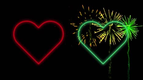 Animation-of-red-and-green-neon-hearts-flashing-on-dark-sky-with-fireworks