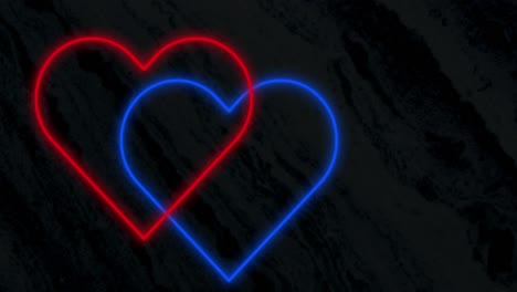 Animation-of-interlocked-red-and-blue-neon-hearts-flashing-on-black-background