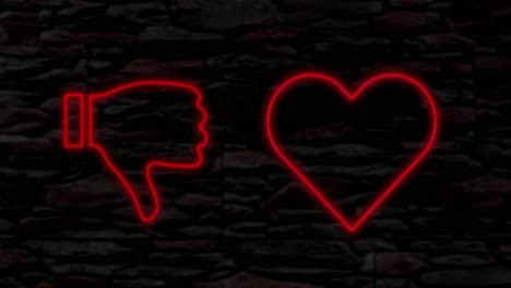 Animation-of-red-neon-thumbs-up-thumbs-down-heart-and-cloud-symbols-flashing-on-black-background