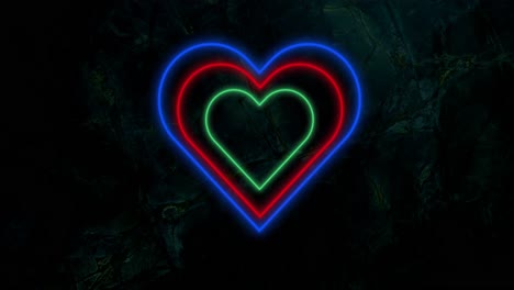 Animation-of-blue-red-and-green-concentric-neon-hearts-flashing-on-dark-wall