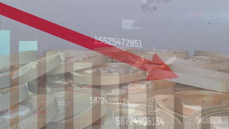 Animation-of-numbers-changing-and-data-processing-red-arrow-pointing-down-over-gold-coins