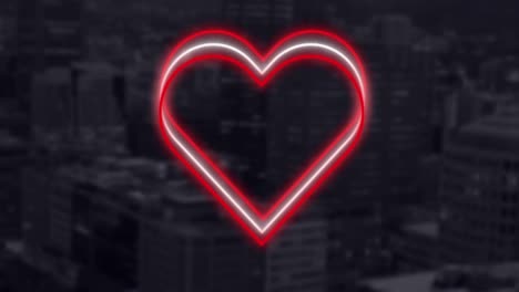 Animation-of-red-and-white-neon-hearts-flashing-on-dark-cityscape