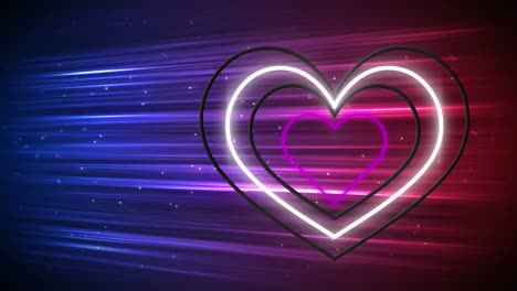 Animation-of-yellow-pink-and-white-concentric-neon-hearts-flashing-on-pink-and-blue-beams-of-light