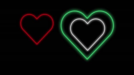 Animation-Von-Rot-weiß-grünen-Neonherzen,-Die-Auf-Schwarzem-Hintergrund-Blinken