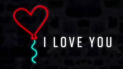 Animation-Der-Worte-„Ich-Liebe-Dich“-Und-Roter-Neon-Herzballon,-Der-Auf-Schwarzem-Hintergrund-Blinkt