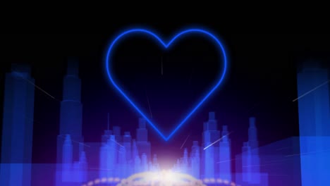 Animation-of-blue-neon-heart-flashing-over-blue-cityscape-on-black