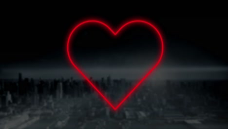 Animation-of-red-neon-heart-flashing-on-dark-cityscape